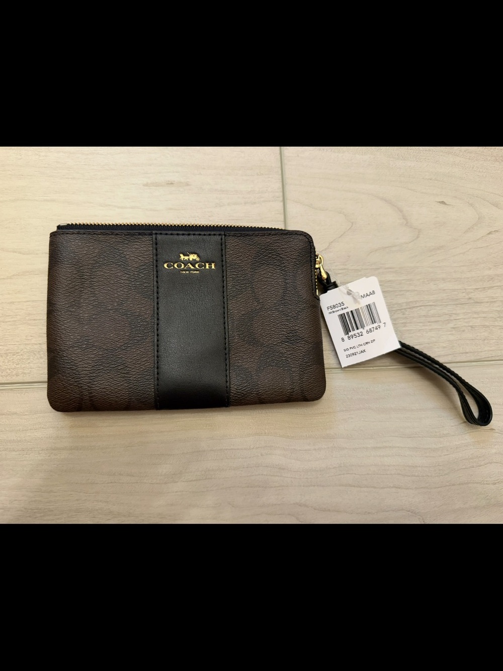 Coach Brown and Black Signature Wristlet with Gold Logo